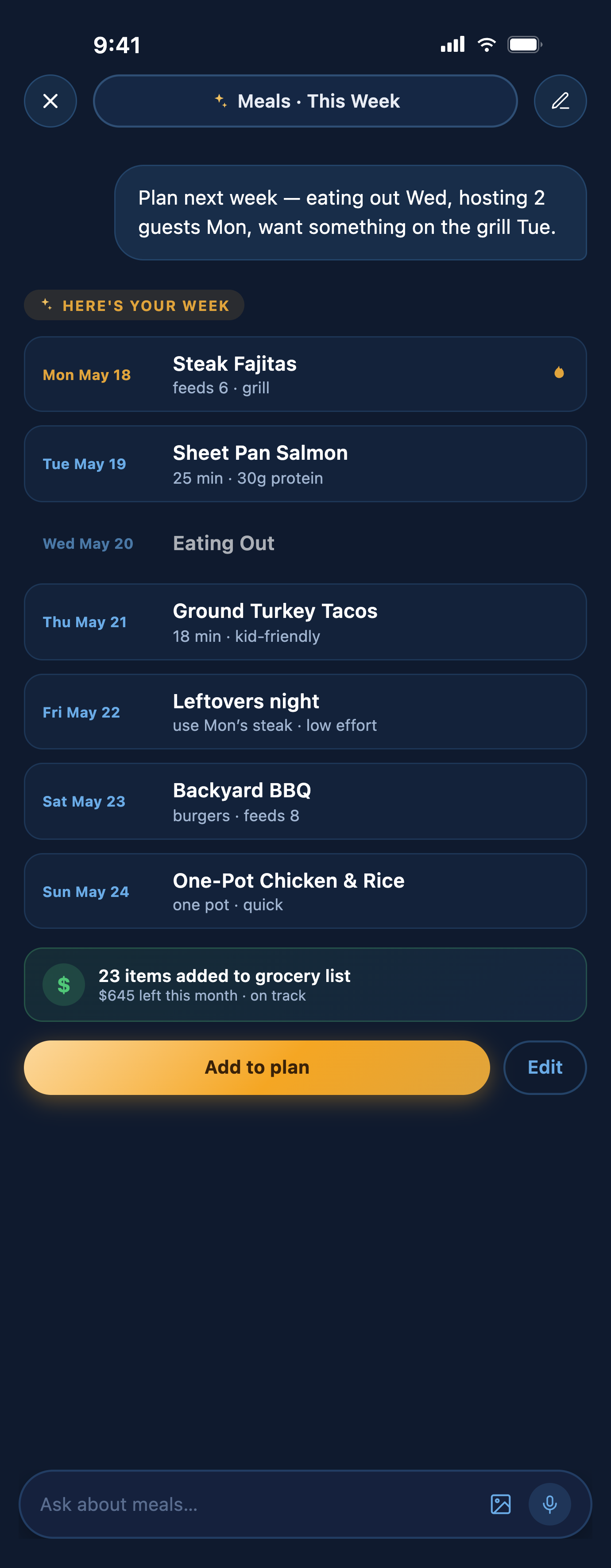 Evesong meals and grocery